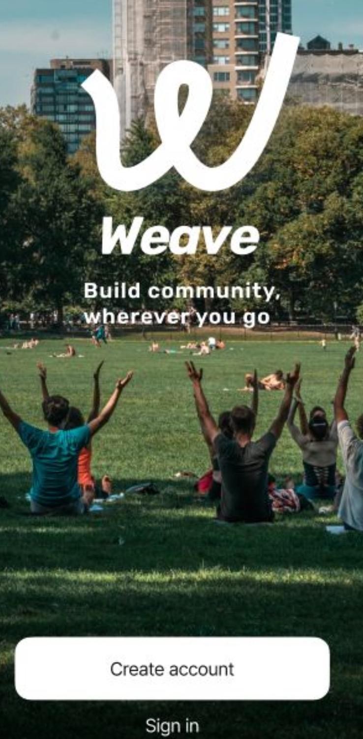 The Weave app welcome screen over a photo of a community gathering in a park
